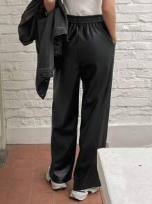 DAZY 女士纯色PU阔腿裤皮裤 - 黑色 - 查看 2