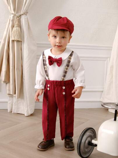 SHEIN 寶寶女孩時尚吊帶褲、長袖襯衫和帽子三件組