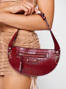 SHEIN SXY 女士、女士单肩包、流浪包、时尚、个性化、街头、酷炫、铆钉、鳄鱼皮 PU、复古、怀旧、酷炫、机车风格、适合经典、通勤、办公室、约会、日常、购物、下午茶 - 酒紅色 - 查看 2