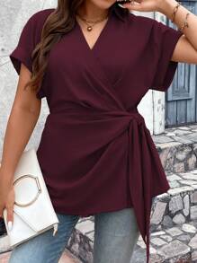 Vionelle Plus Size Women's Solid Color Batwing Short Sleeve Casual Shirt With Side Knot, Summer