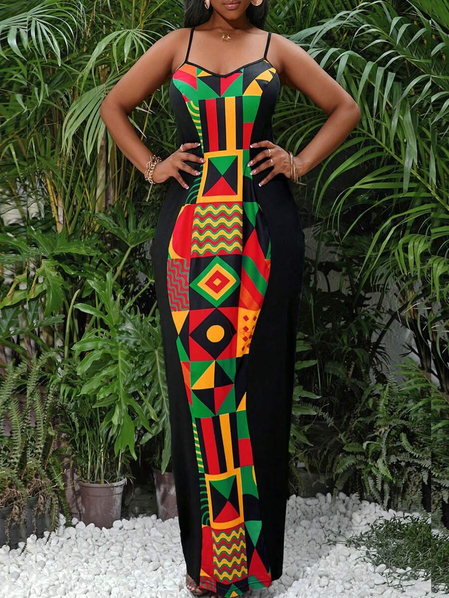 SHEIN Lady Holiday Dresses Women's African  Pattern Printed Black Strap Long Bodycon Dress - Multicolor - View 1