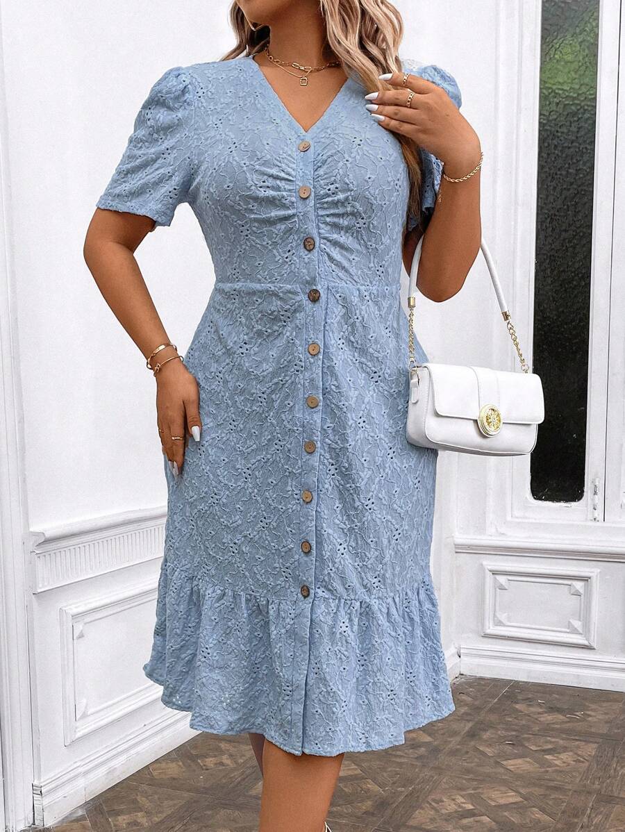 SHEIN Clasi Plus Size Summer Casual Solid Color Hollow Out Embroidered Puff Sleeve Button Front Midi Dress - Blue - View 1