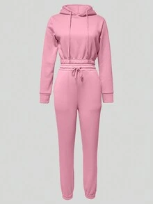 2pcs Women's Casual Solid Color Thermal Lined Hoodie Sweatshirt And Skinny Sports Pants Tracksuit Set, Autumn Winter Pink - Pink - View 4