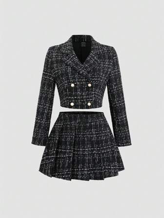 Sweetra 女士优雅格子双排扣短款夹克和百褶裙两件套，适合春秋季 Y2K 服装