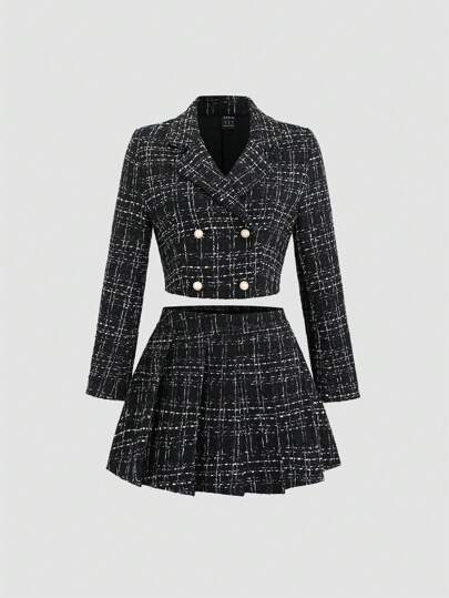 Sweetra Women's Elegant Plaid Double-Breasted Cropped Jacket And Pleated Skirt Two-Piece Set For Spring And Autumn Y2K Outfit  Fall Cloth For Women