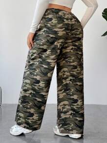 SHEIN EZwear Plus Size Women's Casual Camouflage Printed Long Pants