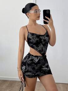 SHEIN ICON Áo ba lỗ hở lưng dây và chân váy trễ vai cạp trễ bất đối xứng Y2K màu đen - màu đen - Xem 5