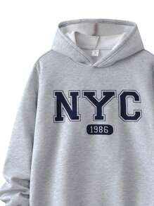 SHEIN 2 peças/conjunto de moletom com capuz para meninos adolescentes, casual, azul marinho, estampa de letras em inglês e cinza mesclado + calça com cordão azul marinho, adequado para outono/inverno, quente, versátil, clássico