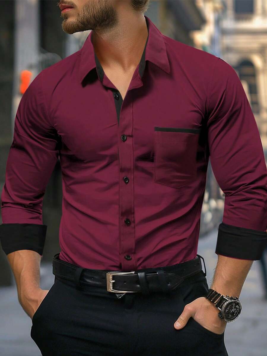 Manfinity Mode Men's Spring/Summer Color Block Long Sleeve Pocketed Casual Dress Shirt For Work Or Leisure, For Husband, Work, Red Dress Shirt For Men, Dark Red Shirt, For Fall - Burgundy - View 1