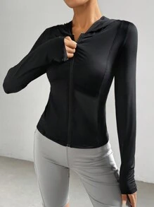 SHEIN EZwear Women's Solid Color Sun Protection Hooded Jacket, Long Sleeve, Casual Style - Black - View 1