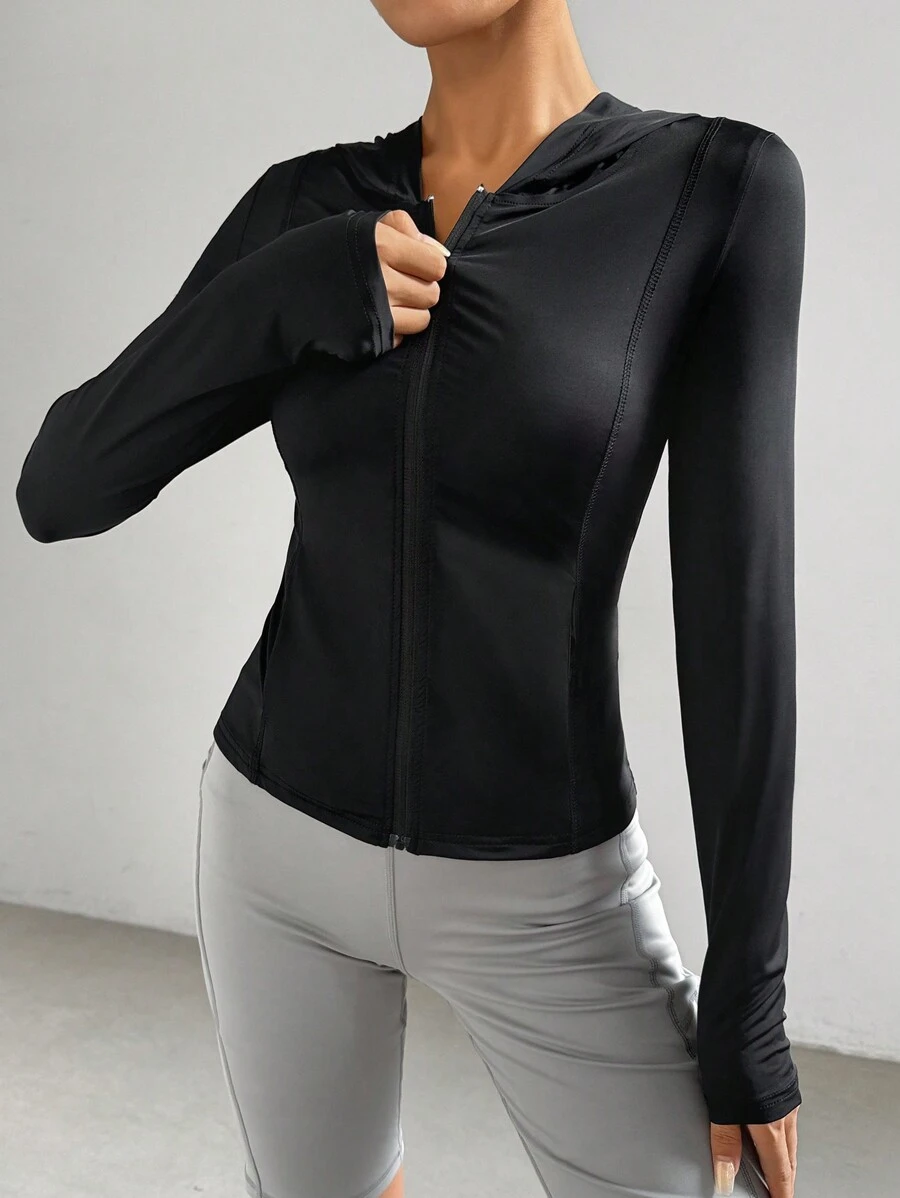 SHEIN EZwear Women's Solid Color Sun Protection Hooded Jacket, Long Sleeve, Casual Style - Black - View 1