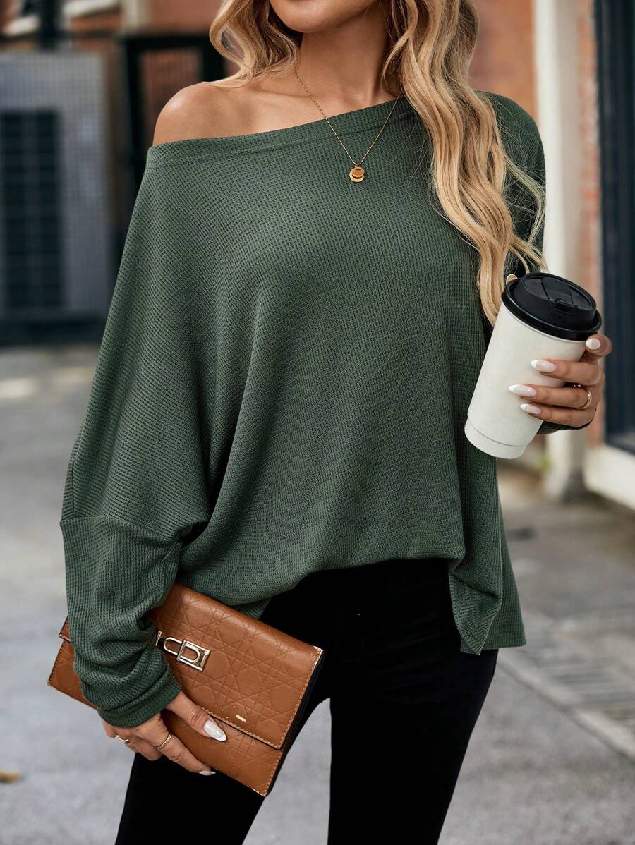 EMERY ROSE Women's Green Waffle Checkered Open Shoulder Batwing Sleeve Loose T-Shirt, Autumn Fall Cloth For Women - Green - View 1
