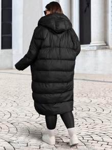 EURMUSE Plus Hooded Padded Jacket With Pocket Details - Black - View 2