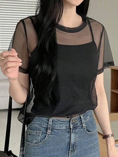 DAZY 女士纯色圆领网眼短袖上衣外出上衣夏季透明