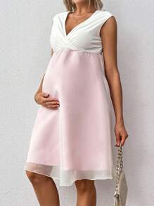 SHEIN Maternity Party Elegant Color Block Off-Shoulder Dress - Pink - View 4