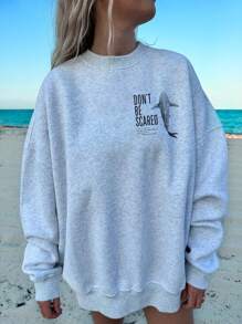 SHEIN EZwear 女士休闲宽松鲨鱼印花宽松圆领套头衫，适合秋冬季 - 淺灰色 - 查看 2