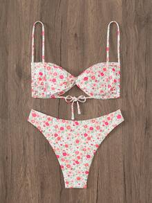 SHEIN Swim Conjunto de Maiô Bikini floral Ditsy para mulher com top push-up torcido e parte inferior, aleatoriamente estampado para o verão na praia - Multicolorido - Visão 2