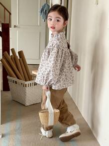 SHEIN Young Girls' Random Print Long Sleeve Top And Pants Set - Khaki - View 2