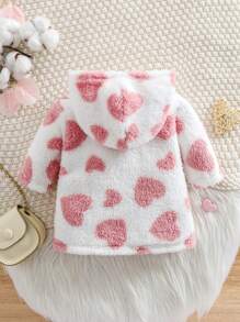 SHEIN Baby Girl Plush Cartoon Heart Printed Dress, Suitable For Outdoor Activities, Back To School And Autumn/Winter Season - Pink - View 2
