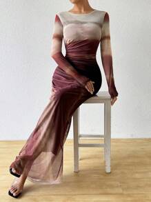 Chiquease Women's Spring/Summer Tie-Dye Print Round Neck Long Sleeve Long Fashionable Elegant Dress Maxi Women Outfit Fall Cloth For Women - Multicolor - View 6