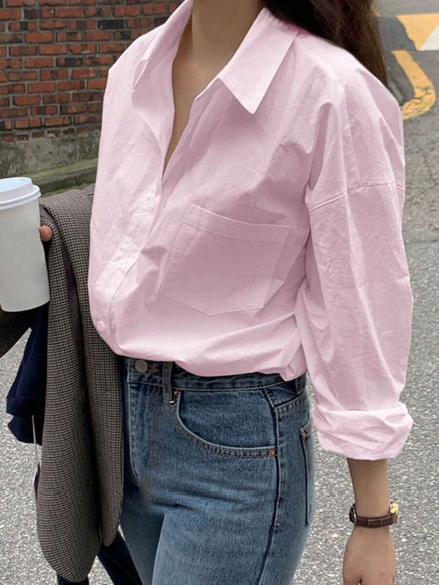 DAZY 女款春夏寬鬆落肩長袖純色休閒襯衫 - 粉色 - 查看 1