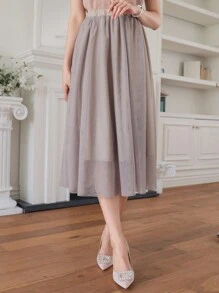 DAZY Váy chữ A bằng vải lưới màu trơn dành cho nữ, cạp chun. - Màu Khaki - Xem 8