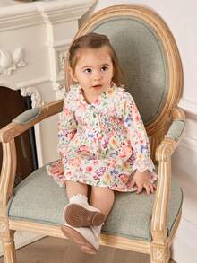 SHEIN Baby Girls' Long Sleeve Floral Print Dress With Elegant Lace Details - Multicolor - View 3