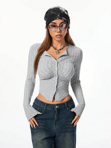SHEIN EZwear Camisa Henley de manga larga y ajuste slim de un solo color para mujer de primavera/verano - Gris - Ver 6