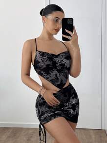 SHEIN ICON Áo ba lỗ hở lưng dây và chân váy trễ vai cạp trễ bất đối xứng Y2K màu đen - màu đen - Xem 6