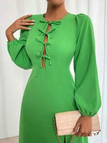 Chiquease Solid Color Chest Knot Long Sleeve Dress With Thigh-High Slit  Green Long Dress Fall Dress - Green - View 6