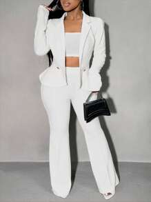 SHEIN SXY Plus Size Solid Color Button Front Shirt And Pants Suit Set, Minimalist In Fall/Winter - White - View 1