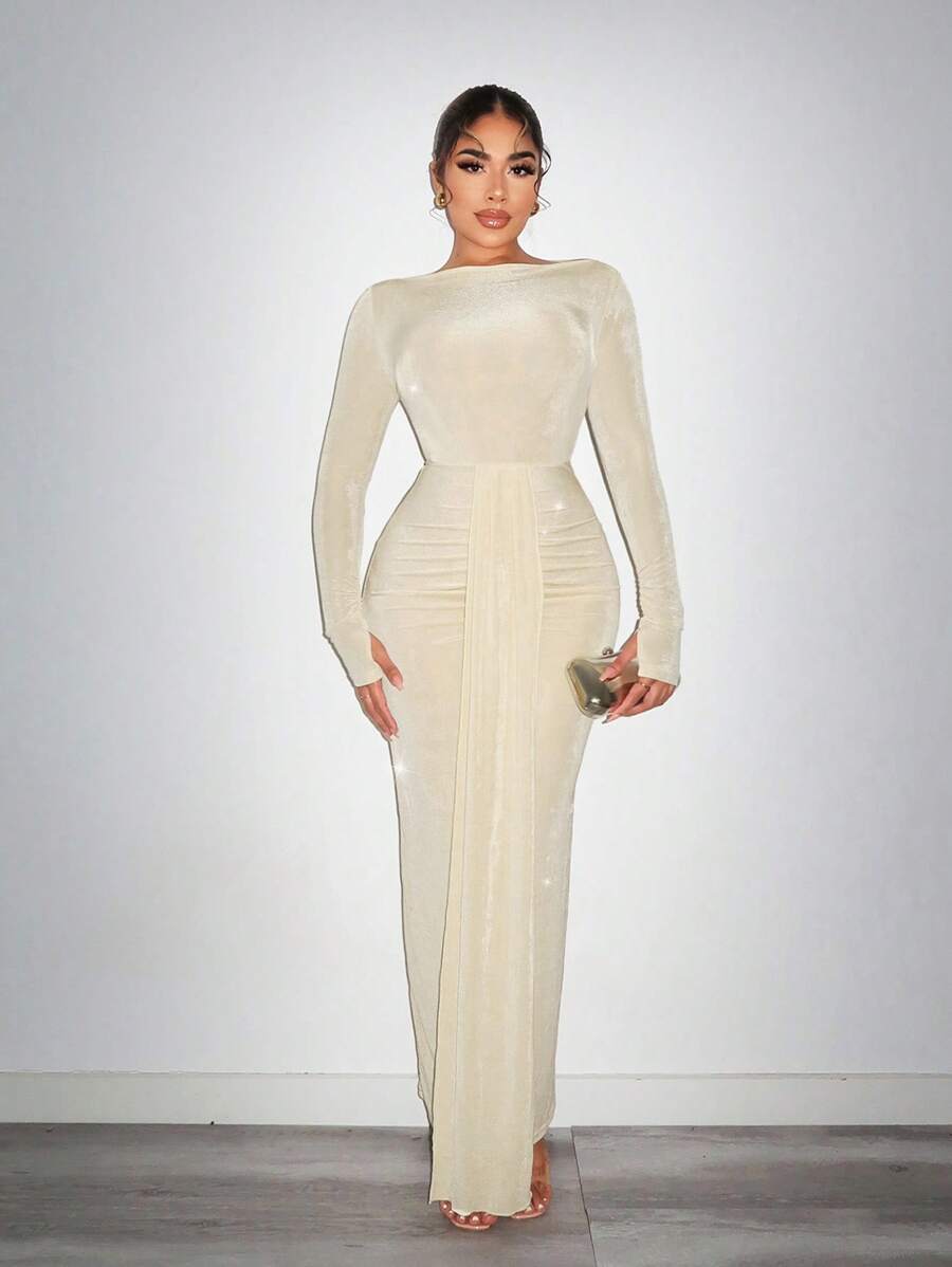 SHEIN SXY 女式宽领紧身派对连衣裙，前中垂褶饰片和褶皱，长袖 Hoco Dresses - 杏色 - 查看 1