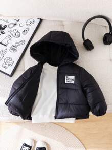 SHEIN Áo khoác độn có mũ trùm đầu màu trơn dày lót nhiệt cho bé trai có miếng vá thêu, mùa thu và mùa đông - Nhiều màu - Xem 13