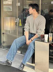 DAZY Men's Solid Color V-Neck Casual Long Sleeve Sweater, Autumn - Khaki - View 2