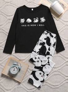 Tween Girl Panda Printed Long Sleeve T-Shirt And Long Pants Pajama Set - Black and White - View 1