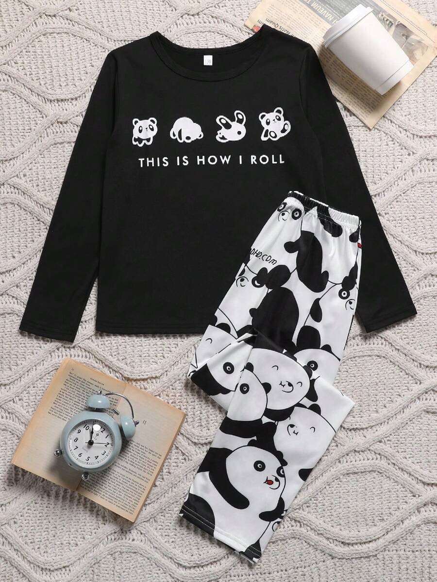 Tween Girl Panda Printed Long Sleeve T-Shirt And Long Pants Pajama Set - Black and White - View 1