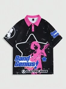 ROMWE MEN Anime Áo sơ mi Polo có cổ hình chữ & đồ họa tương phản dành cho nam - màu đen - Xem 1