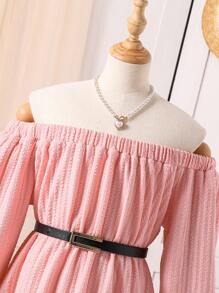 Tween Girl's Summer Casual Solid Color Lantern Sleeve Off Shoulder Dress - Pink - View 3