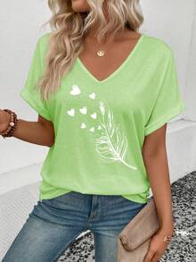 INAWLY Áo thun nữ cổ chữ V có tay gấp in hình lông vũ mùa hè - màu xanh lá - Xem 3