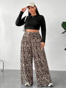 SHEIN EZwear سروال نسائي طويل واسع بمقاس زائد بخصر مطاطي، مزين بطبعات مختلطة من الفهد والزهور - متعدد الألوان - مشاهدة 3