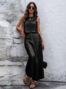 SHEIN LUNE Casual Summer Silver Coated Metal Sleeveless Vest And Long Pants 2pcs Set - Black - View 5