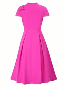 SHEIN Unity 女士夏季優雅純色立領腰身束腰連衣裙 - 玫紅色 - 查看 2