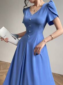 Mulvari 女士优雅纯色泡泡袖长裙，夏季 - 藍色 - 查看 8