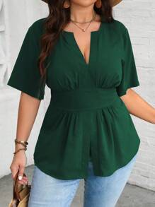 Vionelle 大码女式纯色简约日常短袖衬衫 - 墨綠色 - 查看 6