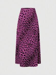 SHEIN LUNE Falda larga casual de estampado de leopardo con corte aleatorio para mujer, de moda - Rosa Fucsia - Ver 5