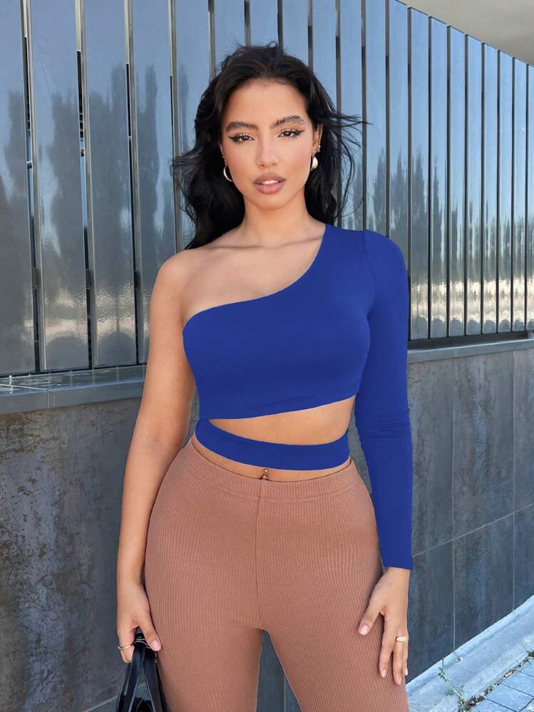 SHEIN SXY Women's Solid Color One-Shoulder Long Sleeve Cutout Slim