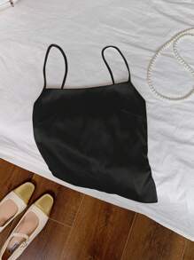 SHEIN EZwear Black Satin Women's Backless Tie Knot Tank Top - Black - View 4