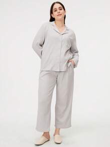 LUVLETTE 秋冬季华夫格针织长款女士棉质女士睡衣套装休闲套装秋季睡衣衣服 - 淺灰色 - 查看 3