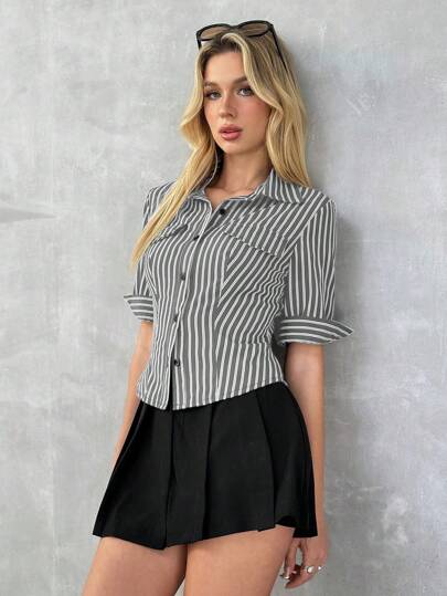 SHEIN TRNDY American Style Simple & Exquisite Retro Casual Striped Slim Fit Y2k Women's Shirt With False Pocket And 3/4 Sleeve