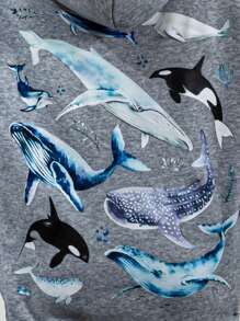 SHEIN Girls' Casual Hooded Sweatshirt With Ocean Whale Print - Grey - View 4